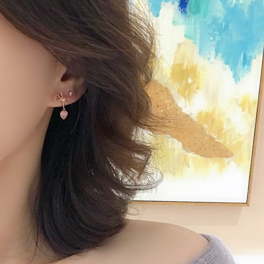 Rose Gold Bow Earrings with Pink Heart Drop