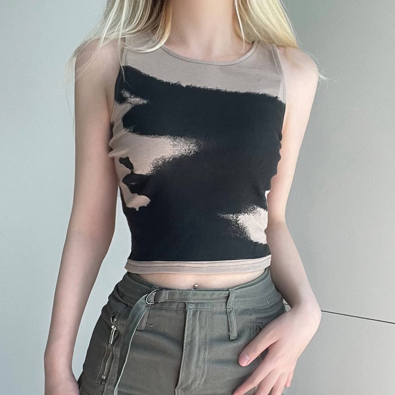 Tie Dye Contrast Sleeveless Round Neck Crop Top