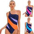 One-Shoulder Color Block Stripe One-Piece Swimsuit