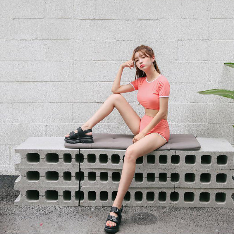 Short-Sleeve Crop Top High-Waist Two-Piece Swimsuit
