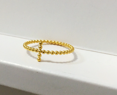 Dainty Beaded Cross Ring - 18K Gold Plated