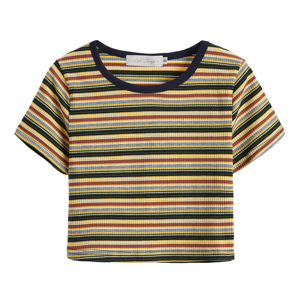 Striped Knit Crop Top T-Shirt with Round Neck