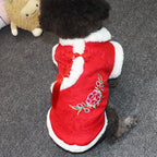 Traditional Chinese Tang Suit Dog Coat, Warm Padded Winter Pet Jacket with Fur Trim, Peony Embroidery and Tassel for Small Dogs