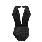 Women's Metallic Deep-V Open-Back One-Piece Swimsuit