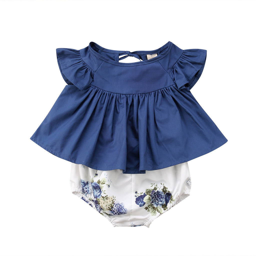 2019 Girls' White Printed Top with Denim Shorts Set