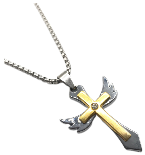 Two-Tone Winged Cross Pendant Necklace