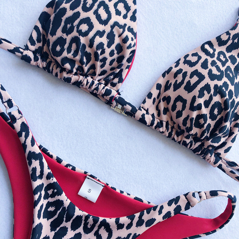 Leopard Print Triangle String Bikini Set
