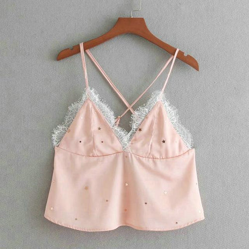 2018 New Women's Starry Lace Camisole with Rhinestones