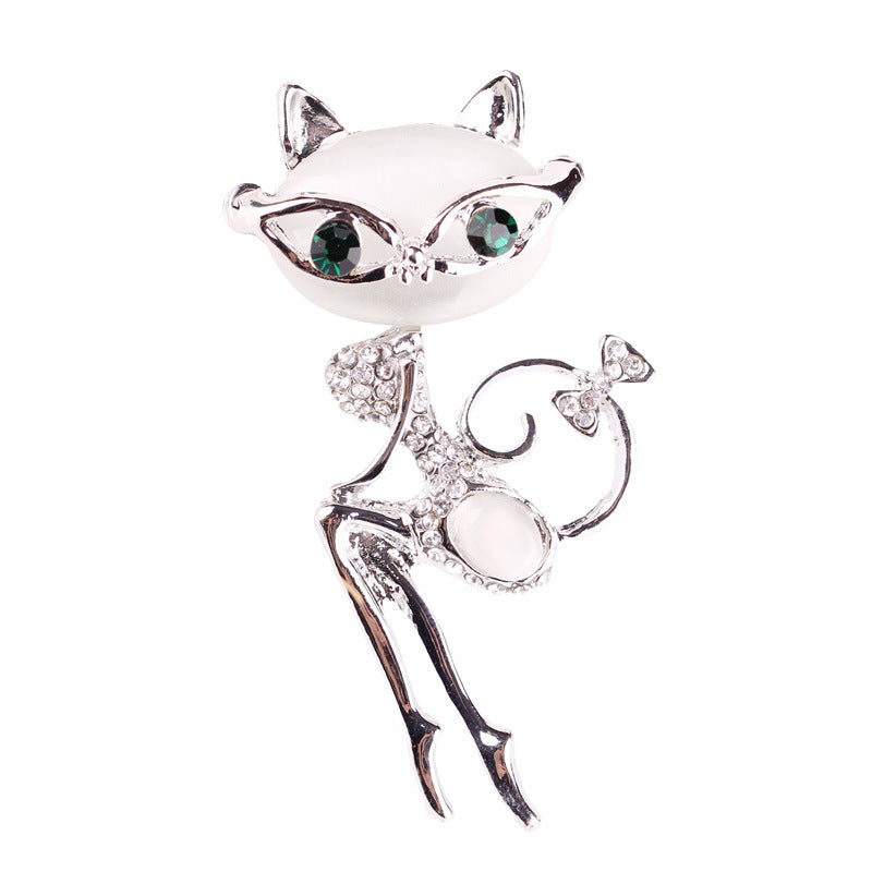 Cat Rhinestone Opal Brooch