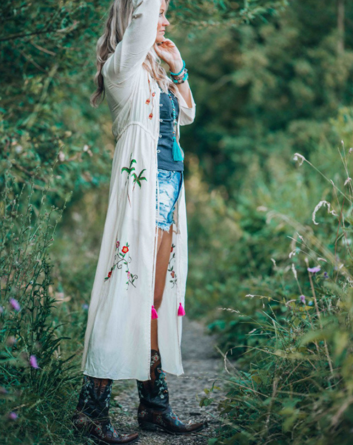 Embroidered Long Sleeve Sun Protection Beach Cover-Up