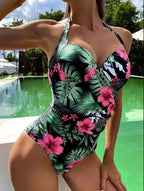 Tropical Floral Halter One-Piece Swimsuit