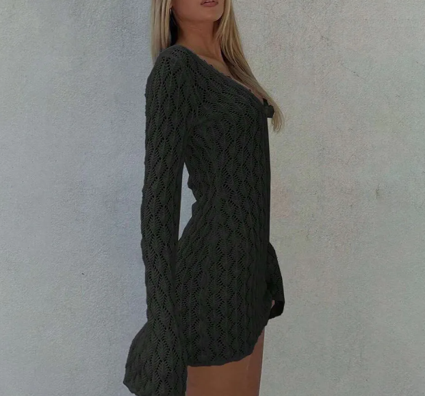 Knit Long-Sleeve V-Neck Beach Cover-Up Dress
