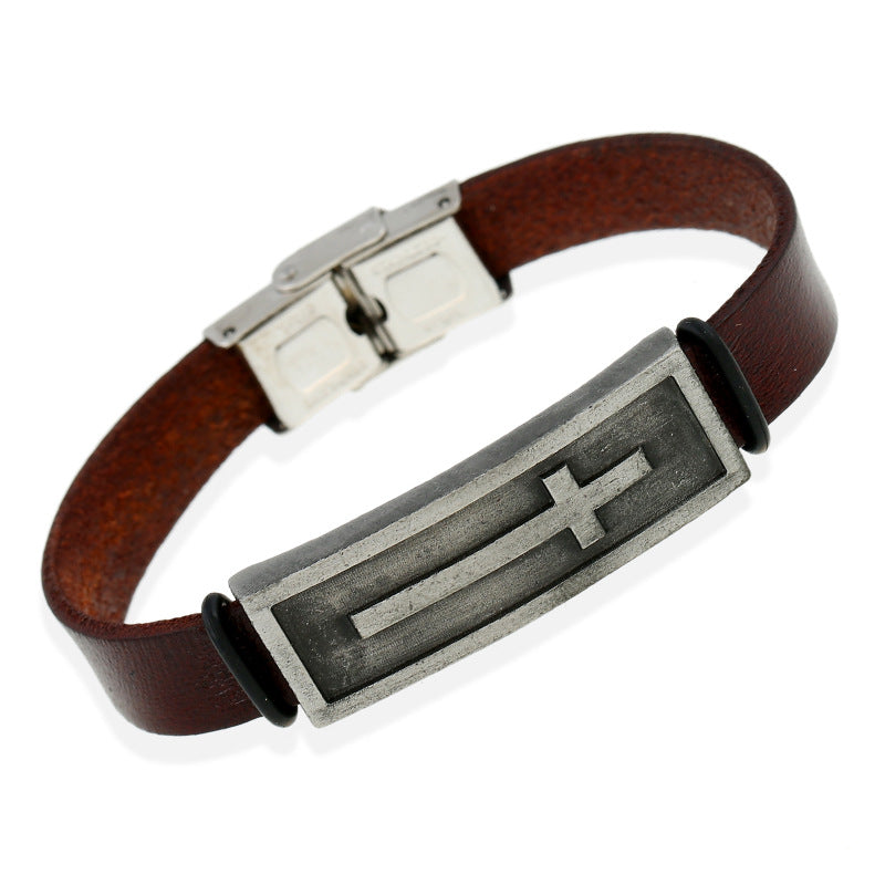 Leather Men's Bracelet with Cross Design