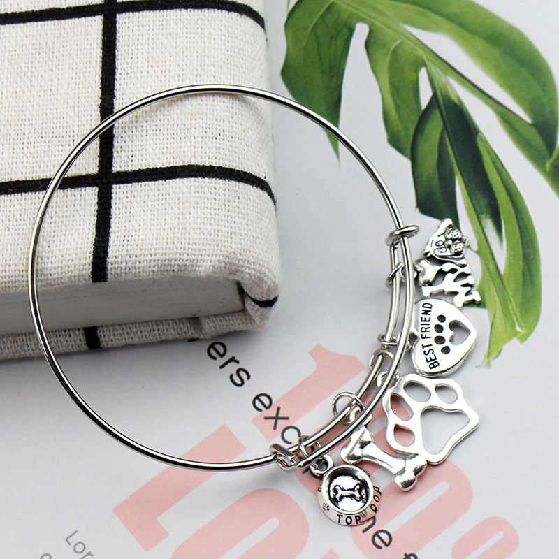 I Love My Dog Charm Bangle Bracelet with Paw Print