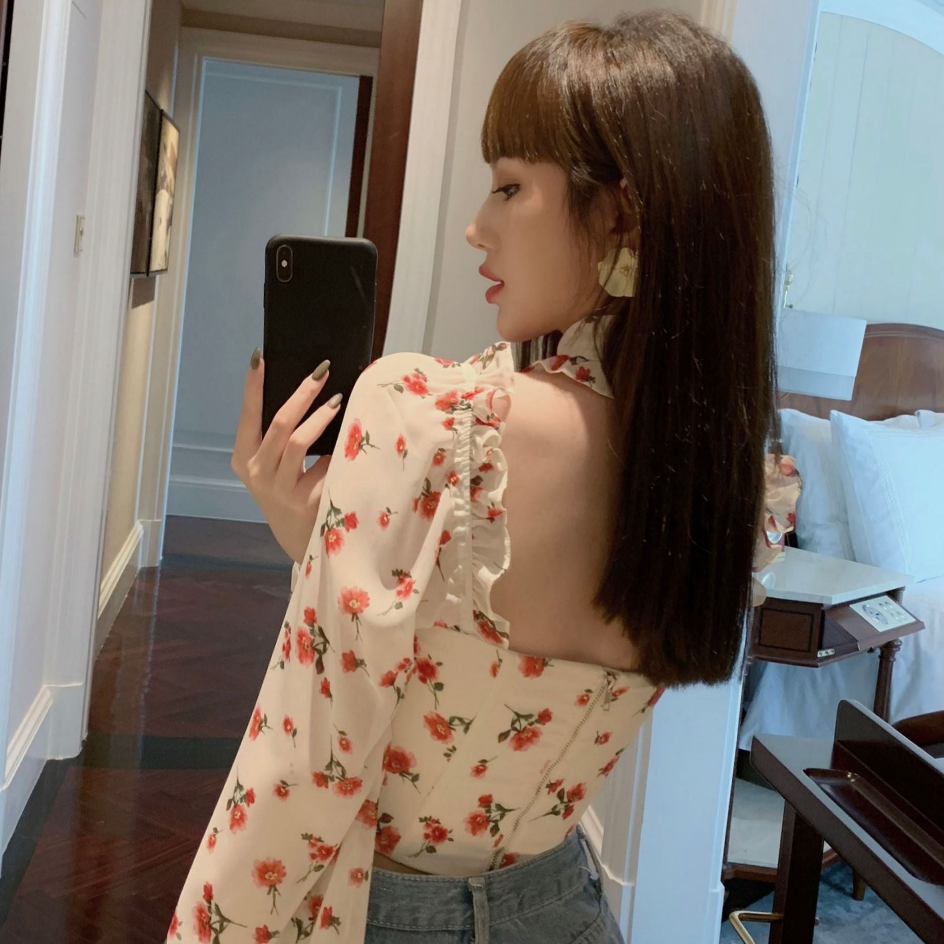 Women's Chiffon Printed Crop Top Long Sleeve Shirt
