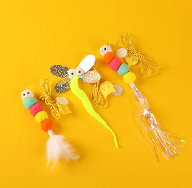 Hanging Cat Teaser Toy Self-Play Feather Bug Wand with Suction Cup Bell & Ribbon Elastic String Kitten Toy
