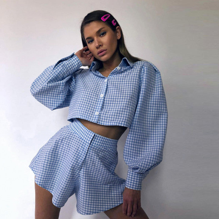 2021 Women's Checkered Crop Top and Pants Set