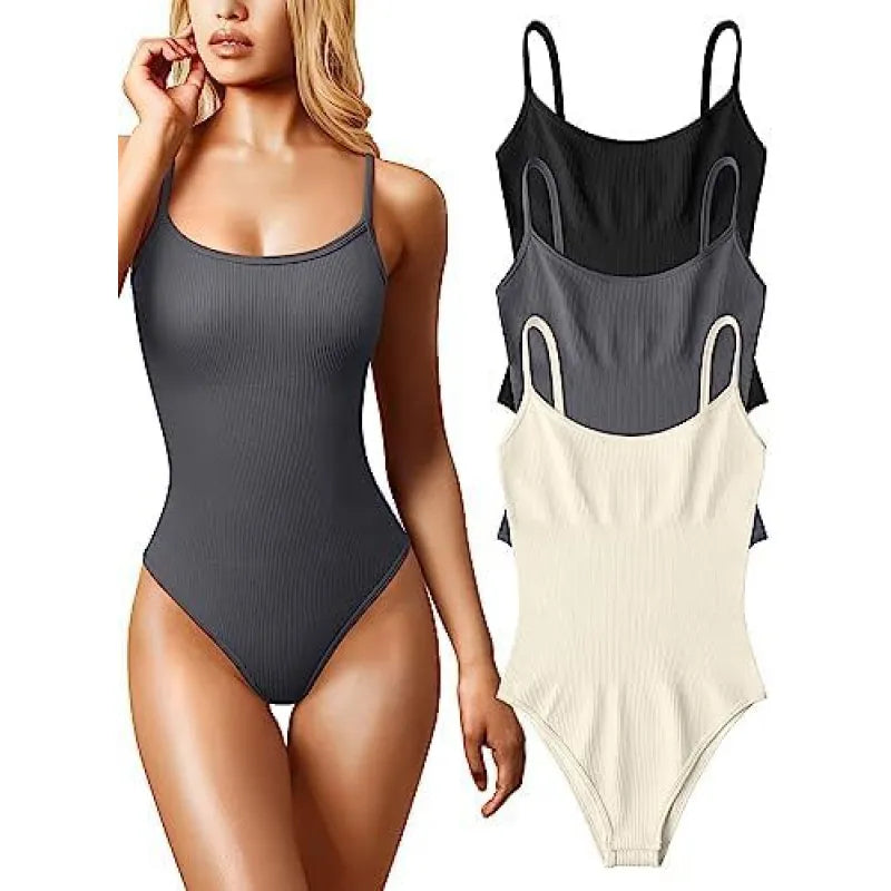 Ribbed Scoop-Neck Spaghetti Strap Bodysuit