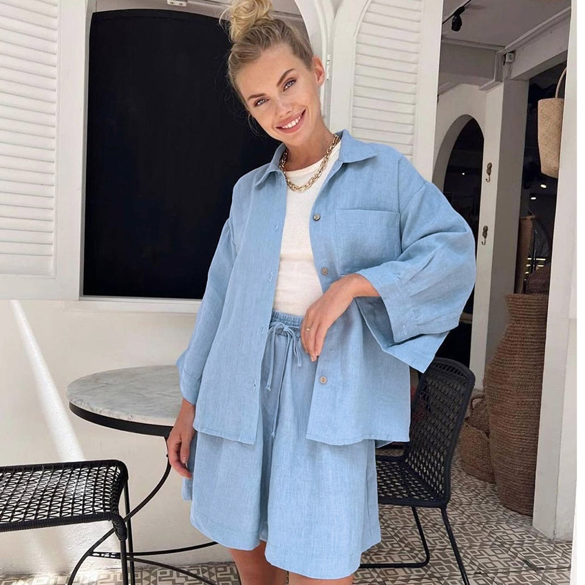 Women's Fashion Casual Loose-fitting Solid Color Long Sleeves Shorts Suit