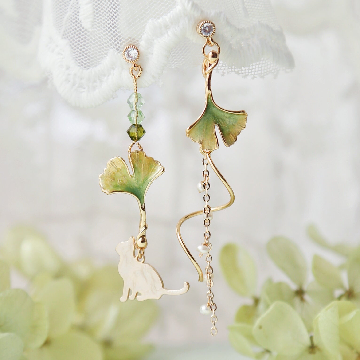 Ginkgo Leaf and Cat Drop Earrings