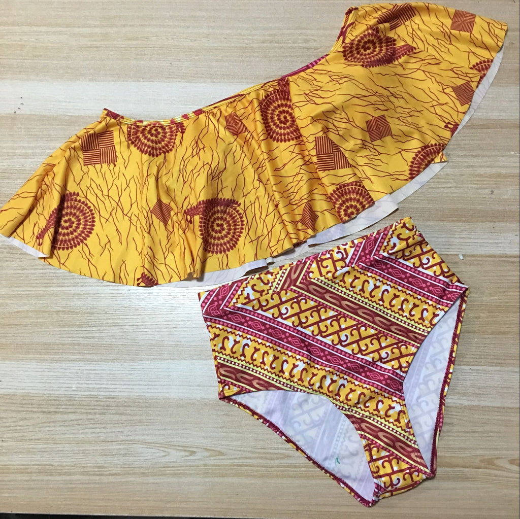 Ankara Print Off-Shoulder Ruffle High-Waist Bikini Set