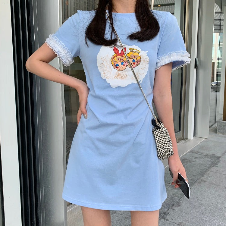 2020 Summer Cute Cartoon Print Lace Trim Dress