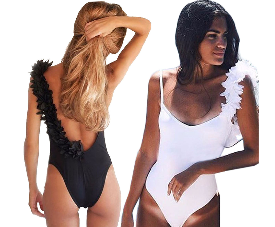 White One-Piece Swimsuit with 3D Floral Strap