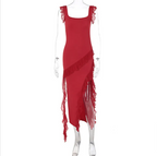 Asymmetric Ruffle High-Slit Midi Dress
