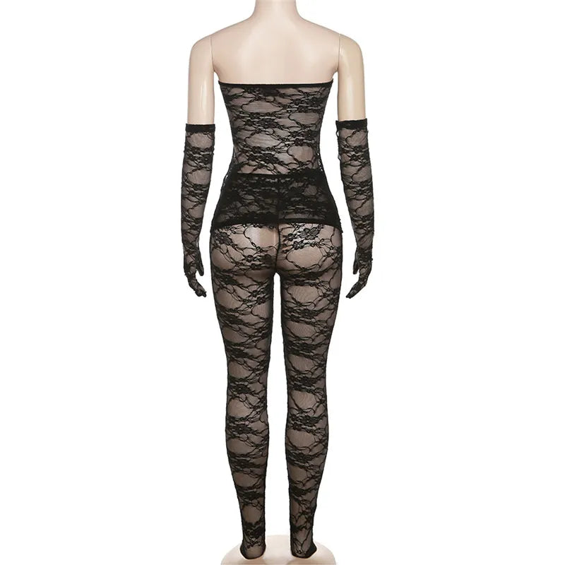 Women's Fashion Lace Tube Top High Waist Tight Body Stocking Long Pants Suit