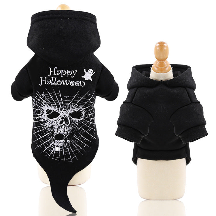 Halloween Dog Hoodie Skull Spiderweb Print Fleece Pet Sweater Costume with Hood, XS-2XL for Small Dogs and Cats