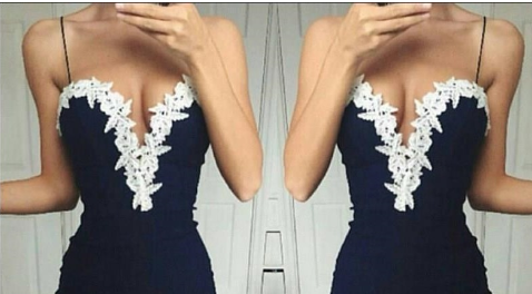 Lace-Applique V-Neck Bodycon Midi Dress