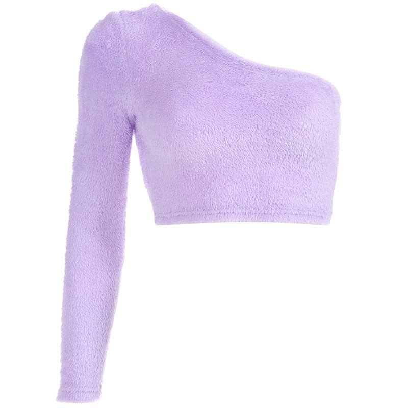 New Sexy One-Shoulder Crop Top with Fur Sleeves