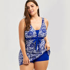 Plus Size Blue Floral Skirted Swim Dress