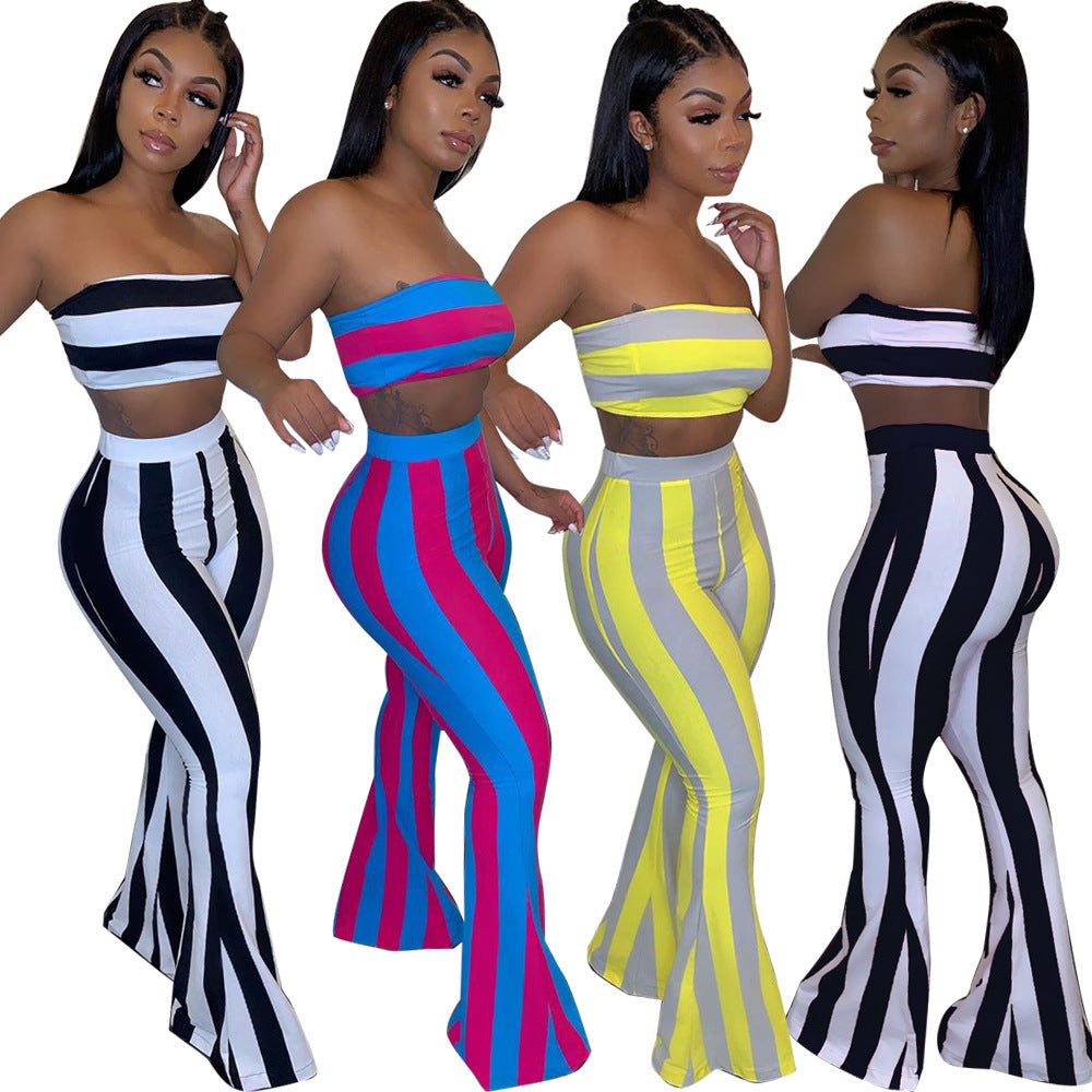 Candy Color Crop Top and Striped Flare Pants Set