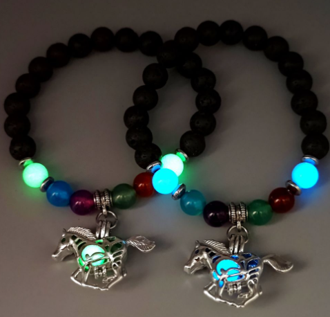 Lava Rock Beaded Bracelet with Glow-in-the-Dark Horse Charm