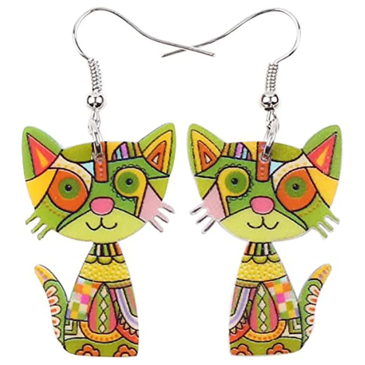 Colorful Painted Cat Drop Earrings