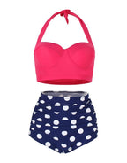 Retro Halter Top with Floral High-Waist Bikini Bottom