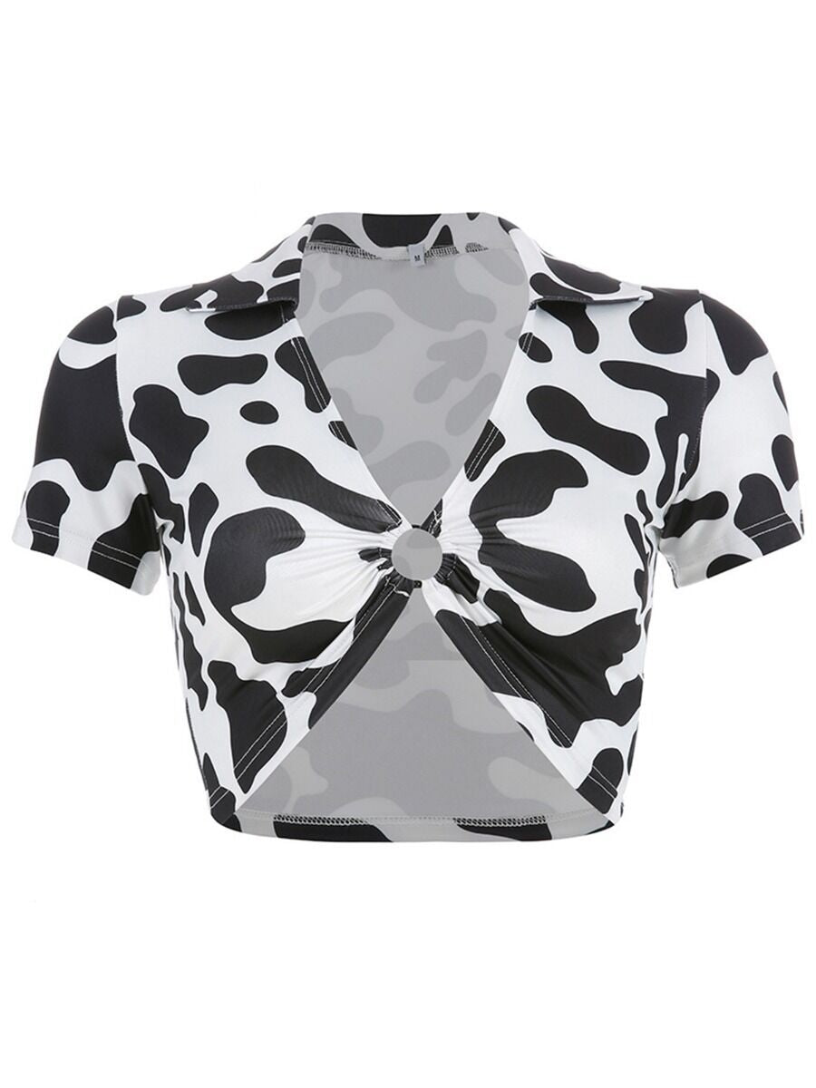 Cow Print Zip Crop Top with Matching Pants