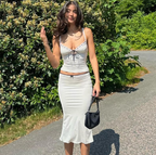 White Polka Dot Midi Skirt and Crop Top Set (One Piece)