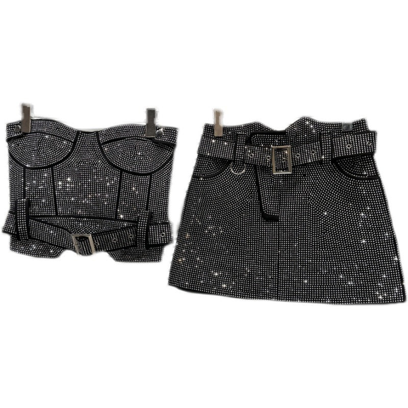 2023 Autumn Trendy Belted Tube Top & Rhinestone Skirt Set