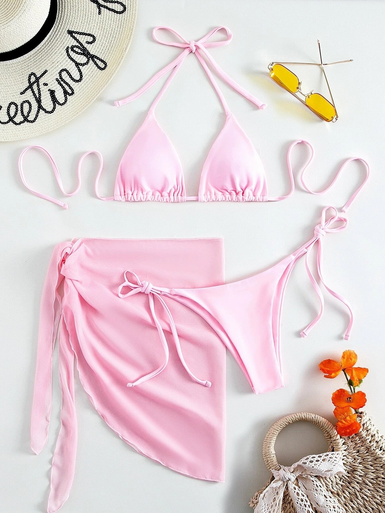 Women's Three-Piece Triangle Bikini Set with Sarong