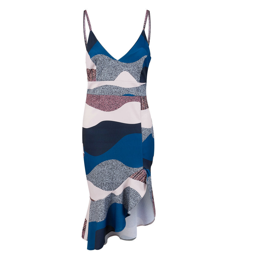 V-Neck Ruffled Bodycon Dress with Spaghetti Straps