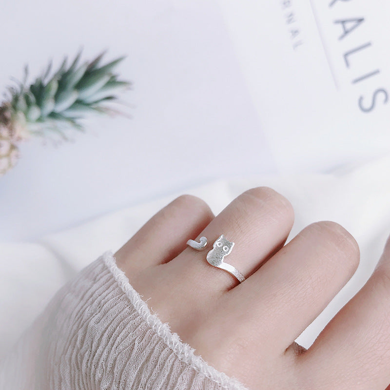 Brushed Silver Cat Adjustable Ring