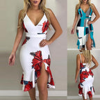 Floral Print V-Neck Ruffle Slit Bodycon Midi Dress