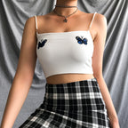 Fashion Slim Fit Pearl Strap Butterfly Embroidery Tank Top