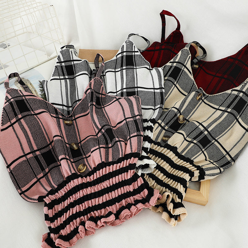 Ruffled Hem Checkered Knit Cami Top