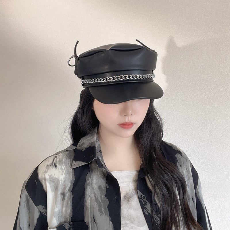 Chain Dog Ears Cap for Women - Autumn and Winter PU