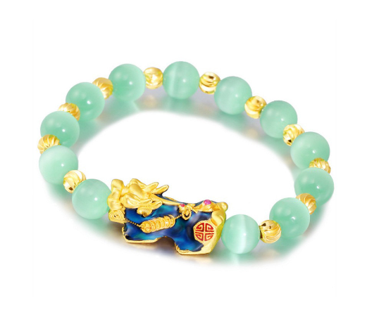 Cat's Eye Stone Bracelet with Gold-Plated Pixiu