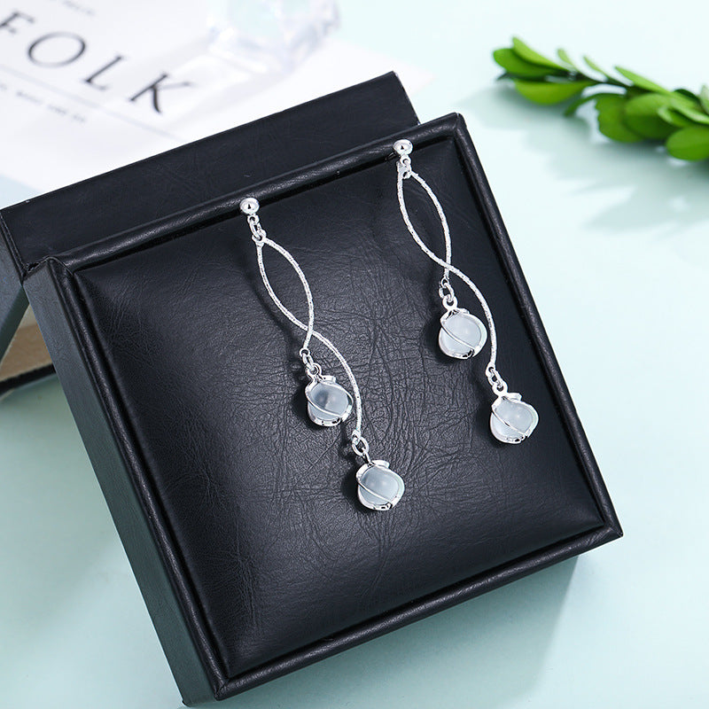 Cat Eye Stone Long Drop Earrings