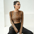 Leopard Print Long Sleeve Crop Top T-Shirt